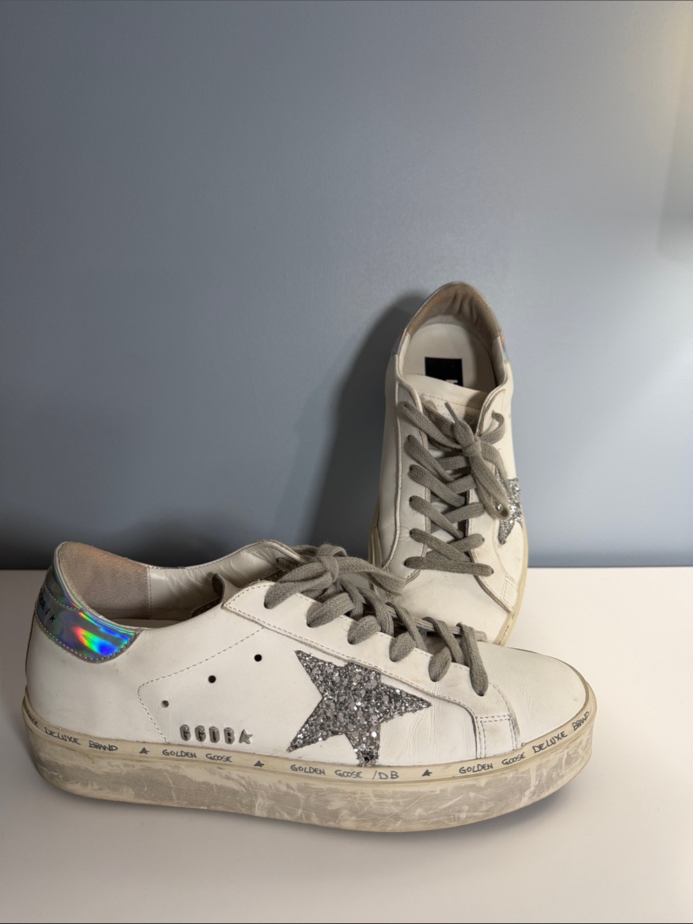 Golden Goose White Leather Hi Star Sneaker with Silver Glitter Star 38 - Picture 3 of 15